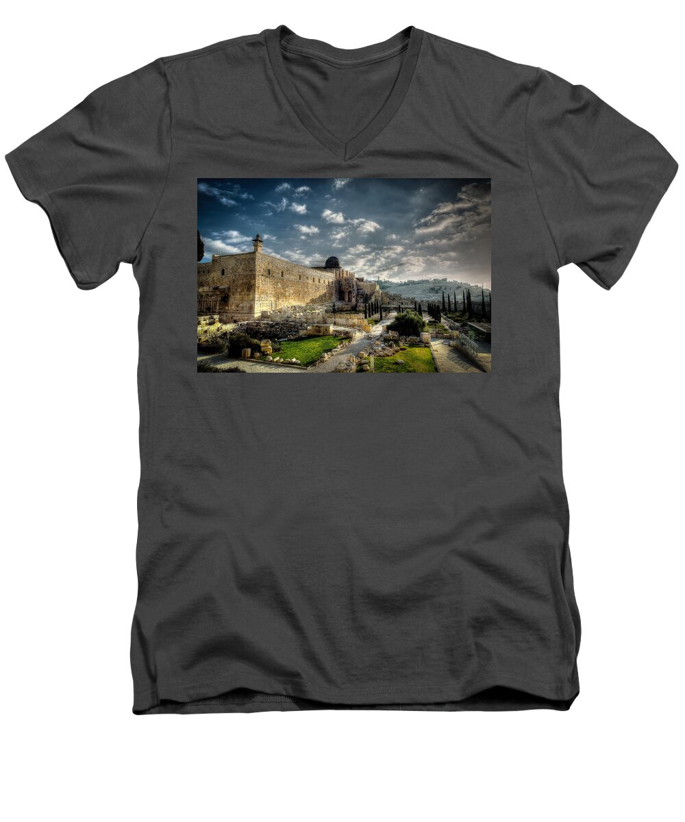 Israel Men's V-Neck T-Shirt featuring the photograph Morning in Jerusalem HDR by David Morefield
