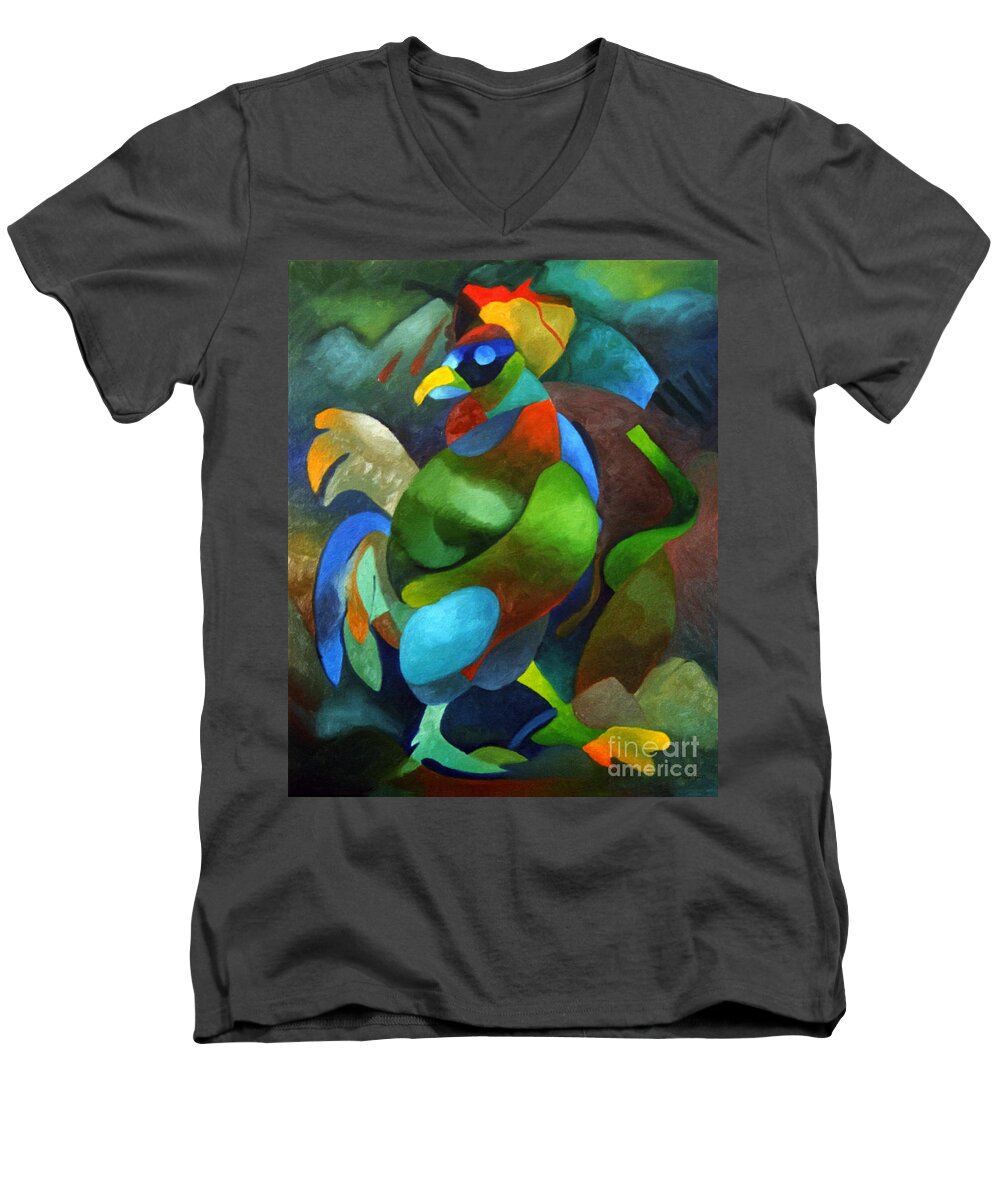 Rooster Men's V-Neck T-Shirt featuring the painting Morning Rooster by Sally Trace