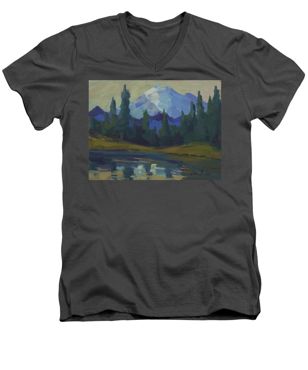 Mount Rainier Men's V-Neck T-Shirt featuring the painting Mount Rainier and Yellow Sky by Diane McClary