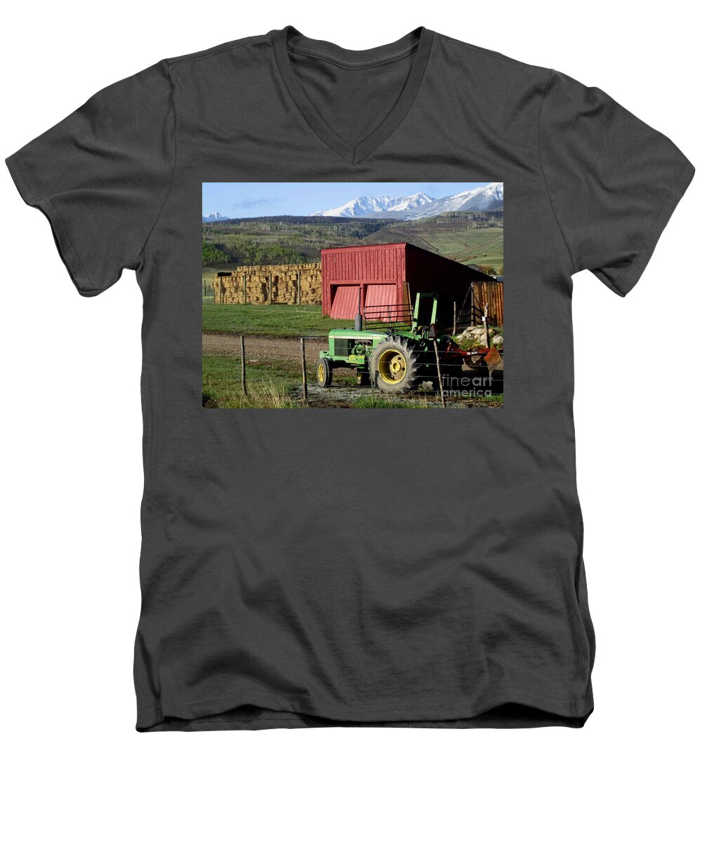 John Deer Tracker Men's V-Neck T-Shirt featuring the photograph Mountain Living by Fiona Kennard