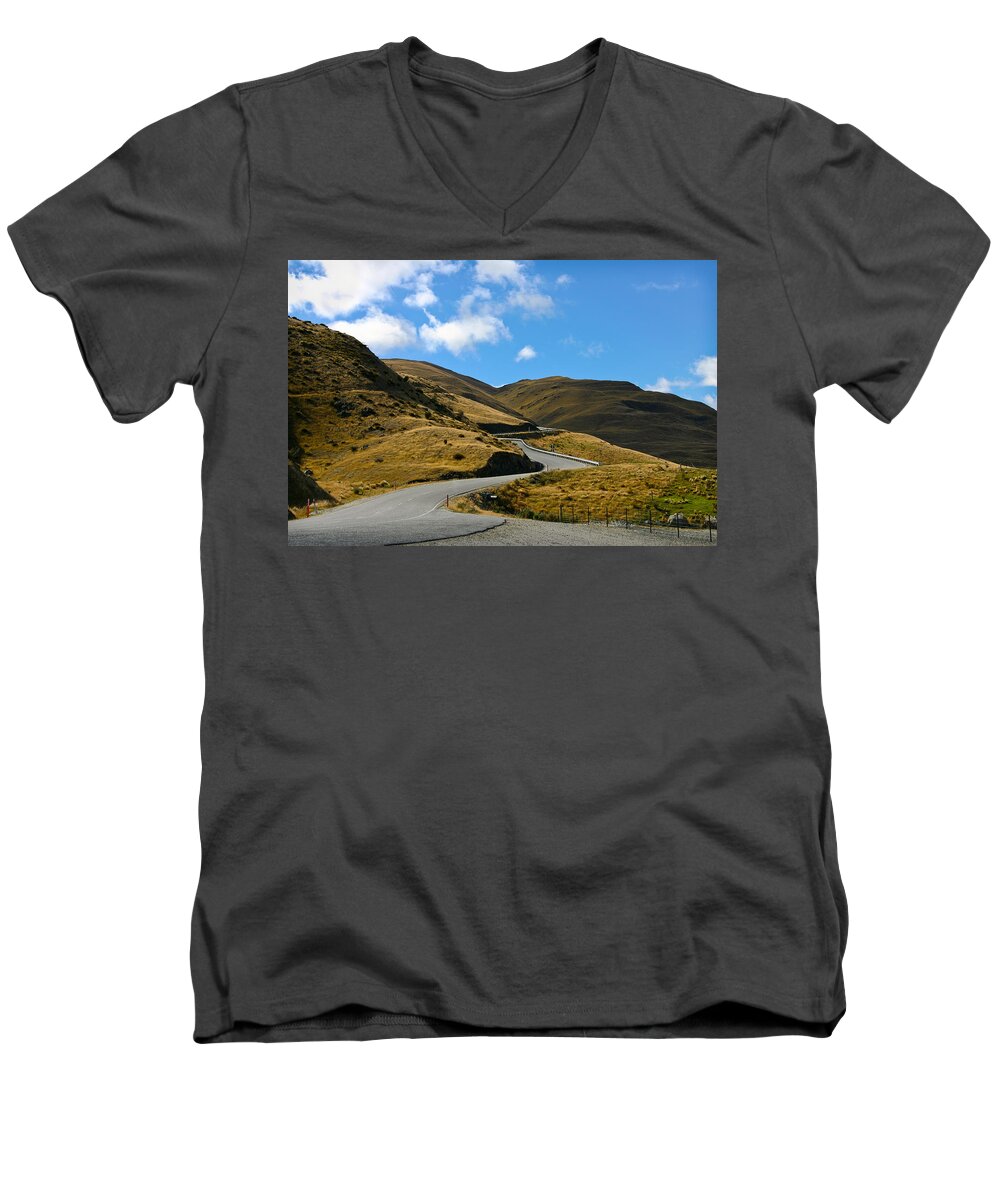Wanaka Men's V-Neck T-Shirt featuring the photograph Mountain pass road by Jenny Setchell