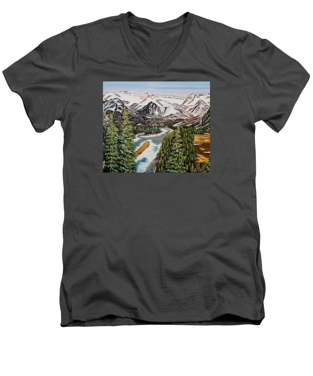 Fairmount Banff Springs Golf Course Men's V-Neck T-Shirt featuring the painting Mountain Spring - Banff Springs by Marilyn McNish