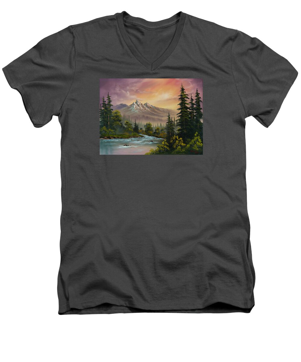 #faatoppicks Men's V-Neck T-Shirt featuring the painting Mountain Sunset by Chris Steele