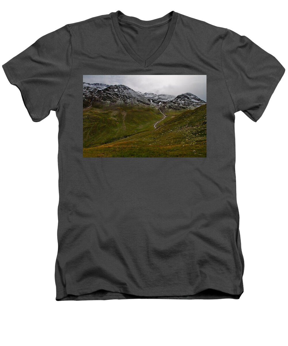 Mountain Men's V-Neck T-Shirt featuring the photograph Mountainscape with snow by Roberto Pagani