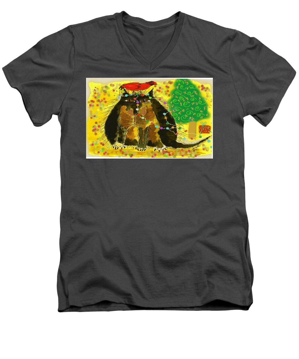 Cat Men's V-Neck T-Shirt featuring the painting MPrints - Christmas Cheer 7 by M Stuart