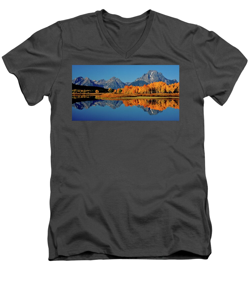 Mount Moran Men's V-Neck T-Shirt featuring the photograph Mt. Moran Reflection by Ed Riche