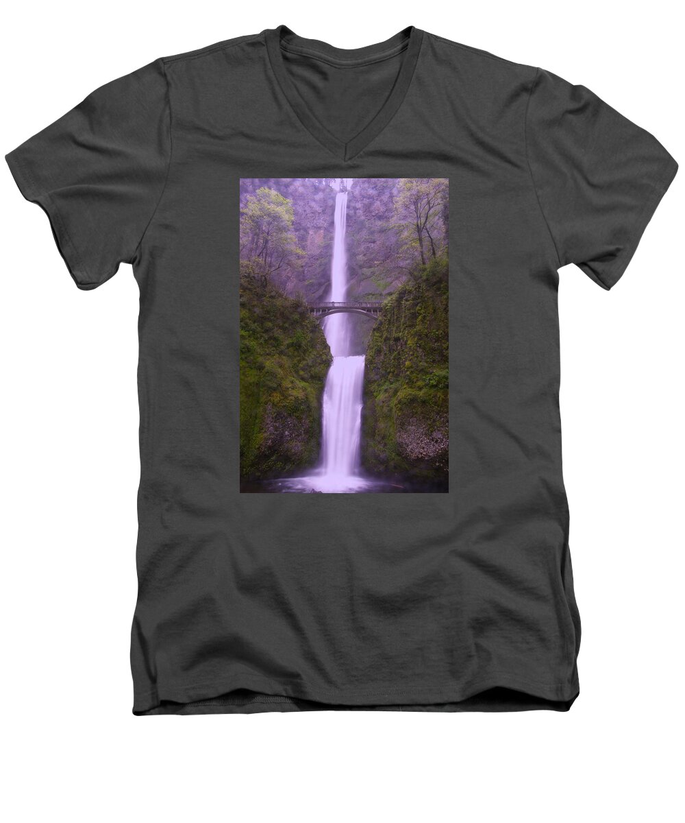 Waterfalls Men's V-Neck T-Shirt featuring the photograph Multnomah In The Drizzling Rain by Jeff Swan