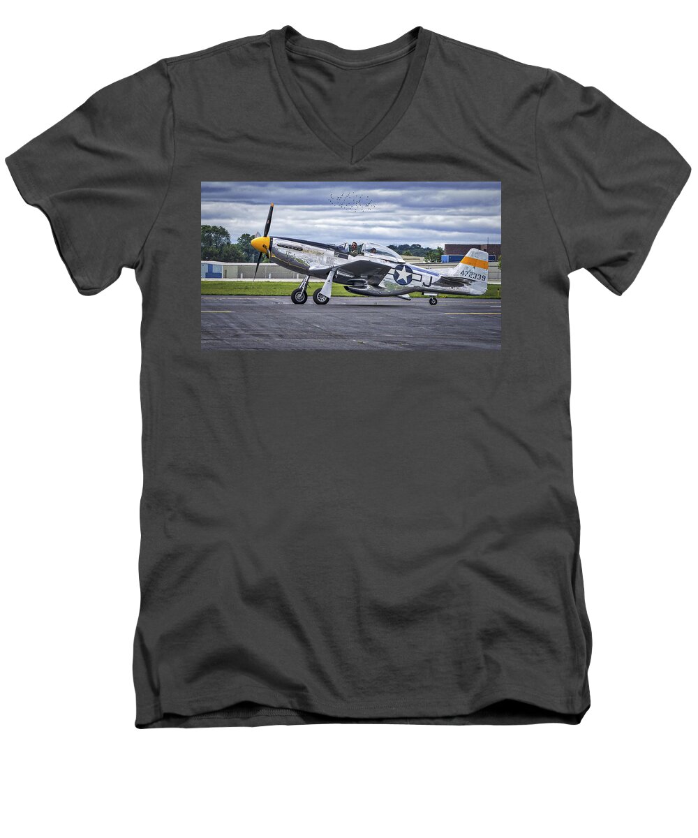 Airport Men's V-Neck T-Shirt featuring the photograph Mustang P51 by Steven Ralser