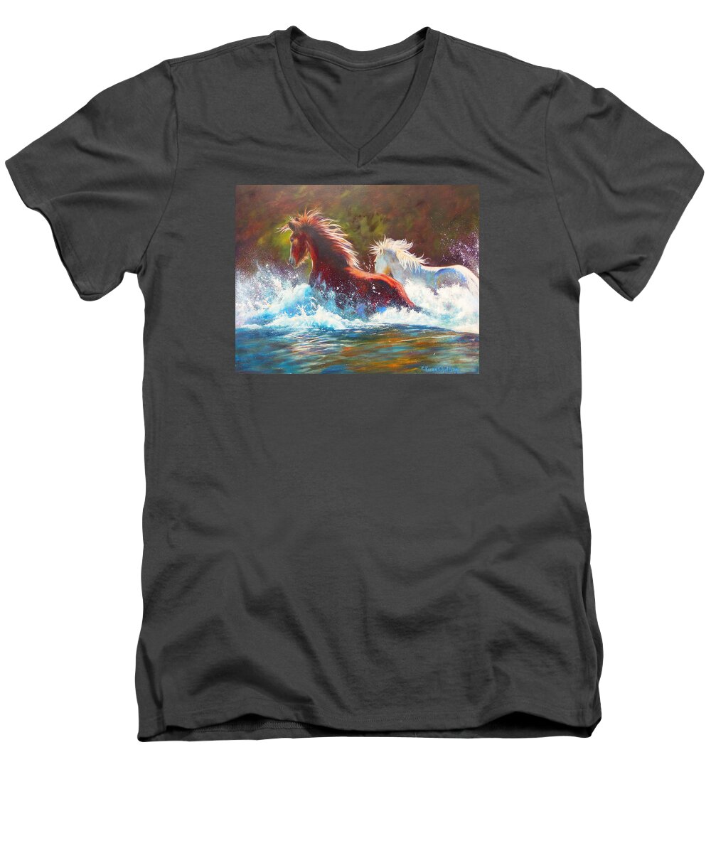  Mustang Splash Painting Men's V-Neck T-Shirt featuring the painting Mustang Splash by Karen Kennedy Chatham
