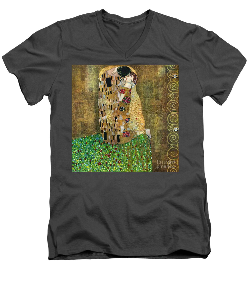 Acrylic Men's V-Neck T-Shirt featuring the painting My acrylic painting as an interpretation of the famous artwork of Gustav Klimt The Kiss - Yakubovich by Elena Daniel Yakubovich