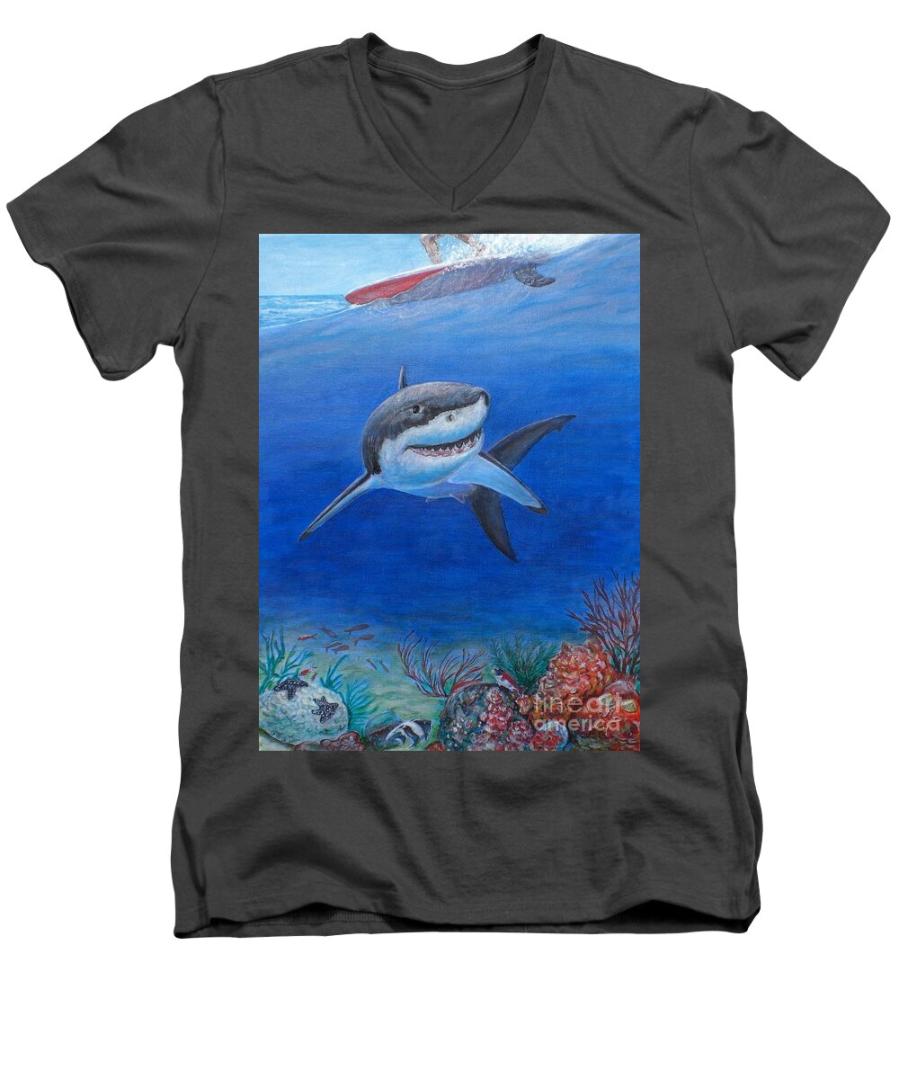 Great White Shark Men's V-Neck T-Shirt featuring the painting My Pet Shark by George I Perez