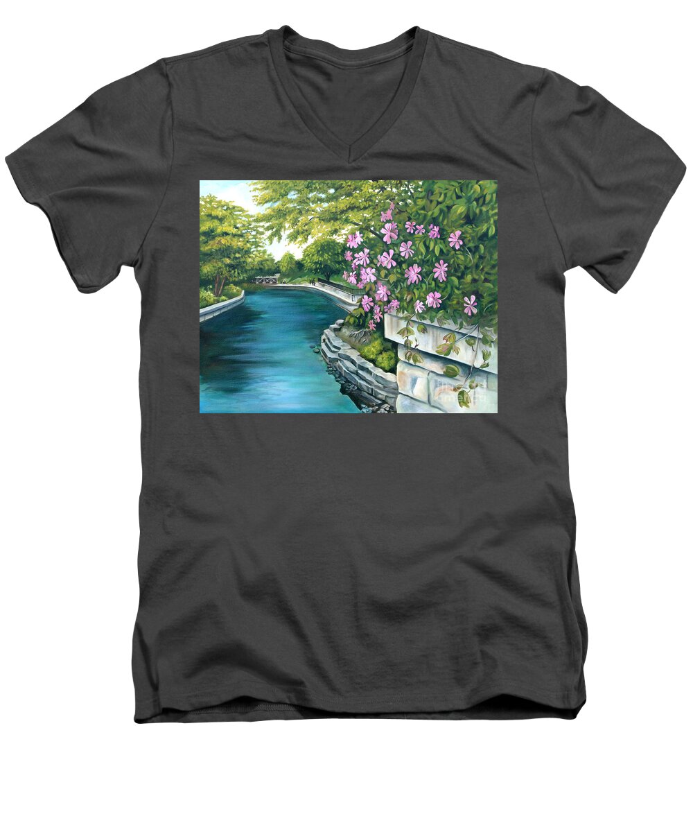 Landscape Men's V-Neck T-Shirt featuring the painting Naperville Riverwalk by Debbie Hart