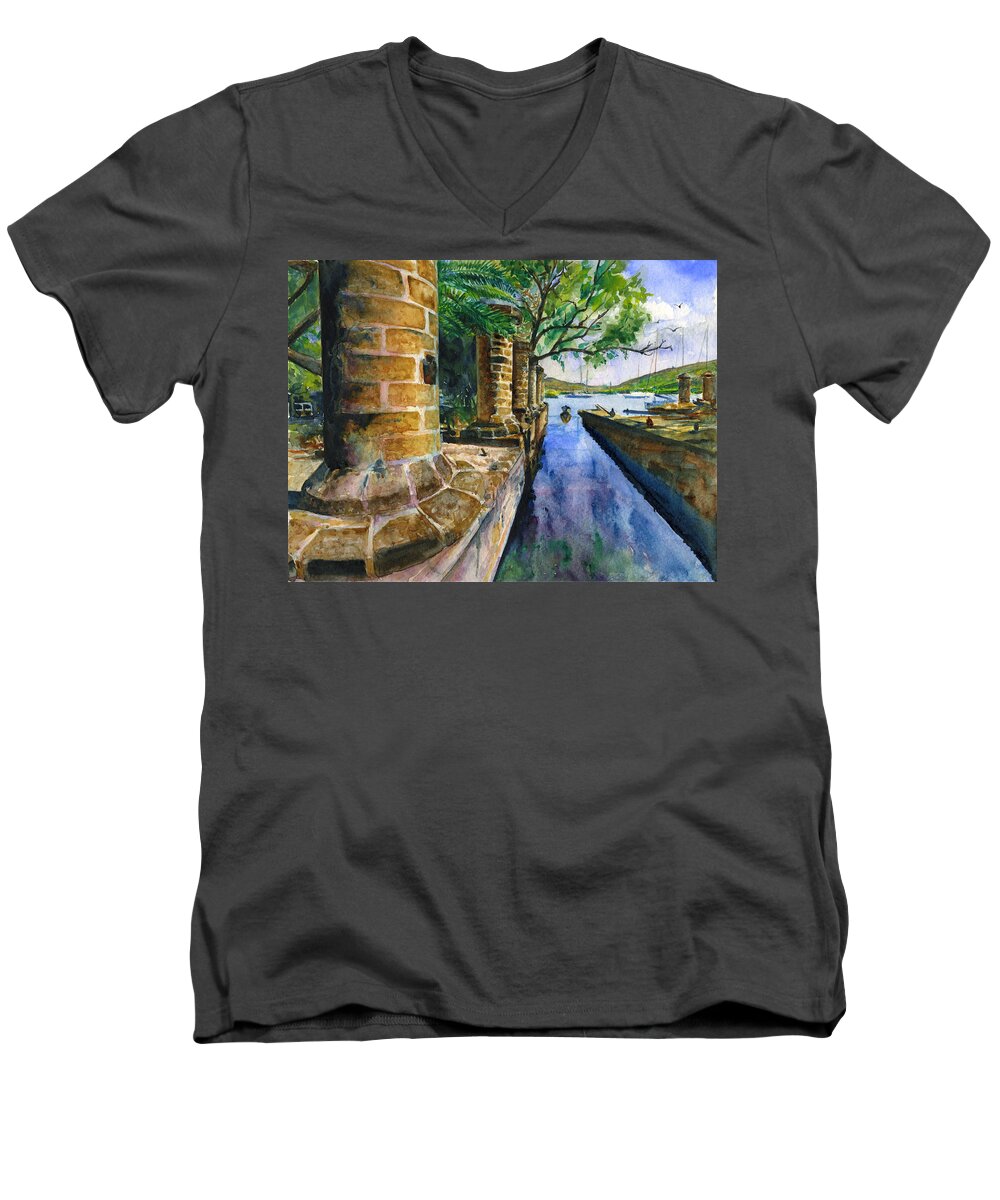 Dockyard Men's V-Neck T-Shirt featuring the painting Nelson Dockyard in Antigua by John D Benson