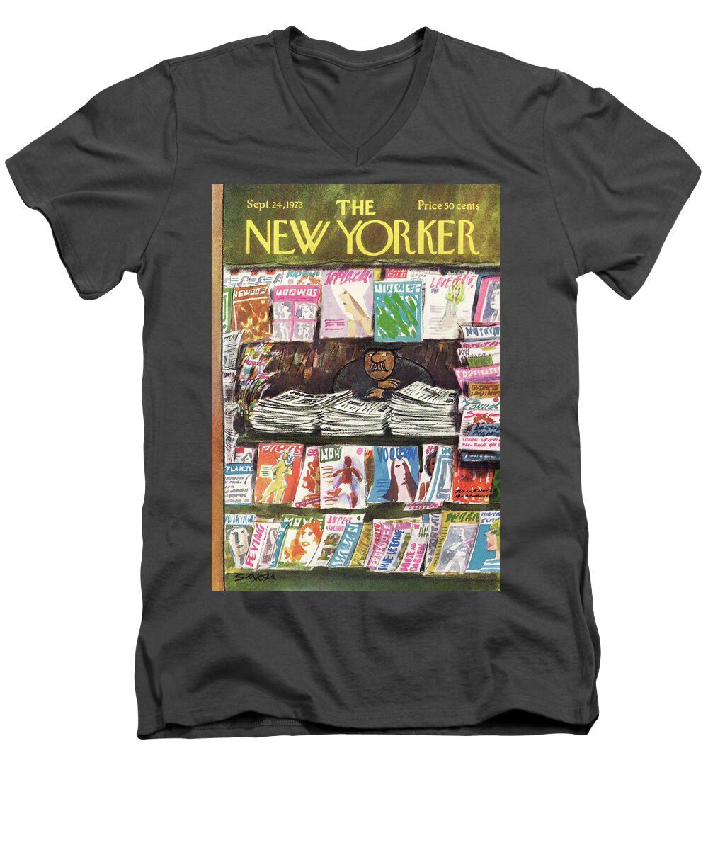 Media Men's V-Neck T-Shirt featuring the painting New Yorker September 24th, 1973 by Charles Saxon