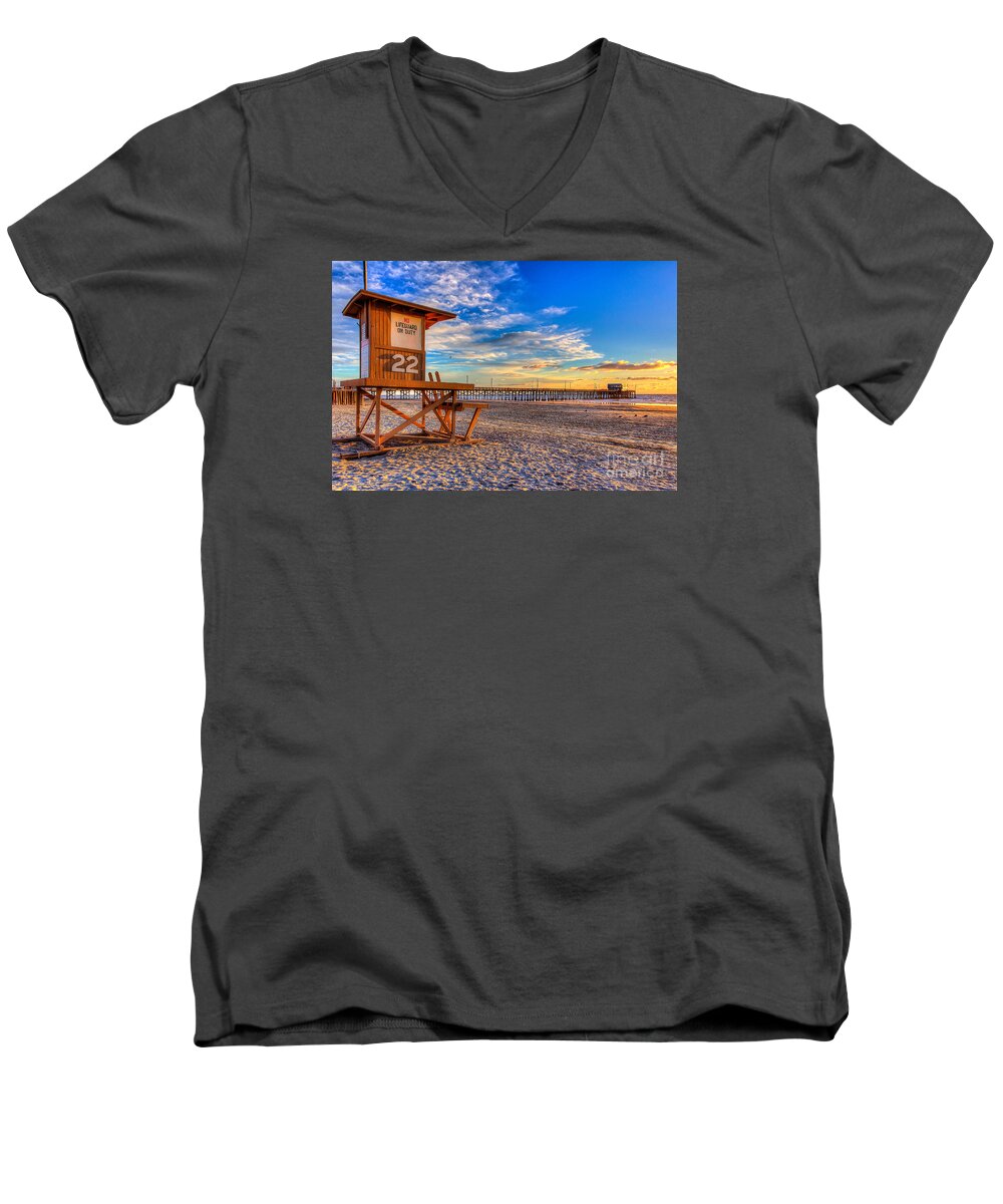 Pier Men's V-Neck T-Shirt featuring the photograph Newport Beach Pier - Wintertime by Jim Carrell