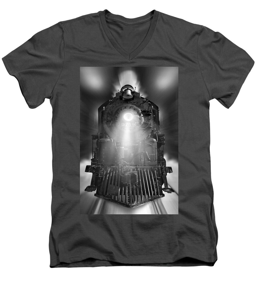 Transportation Men's V-Neck T-Shirt featuring the photograph Night Train On The Move by Mike McGlothlen
