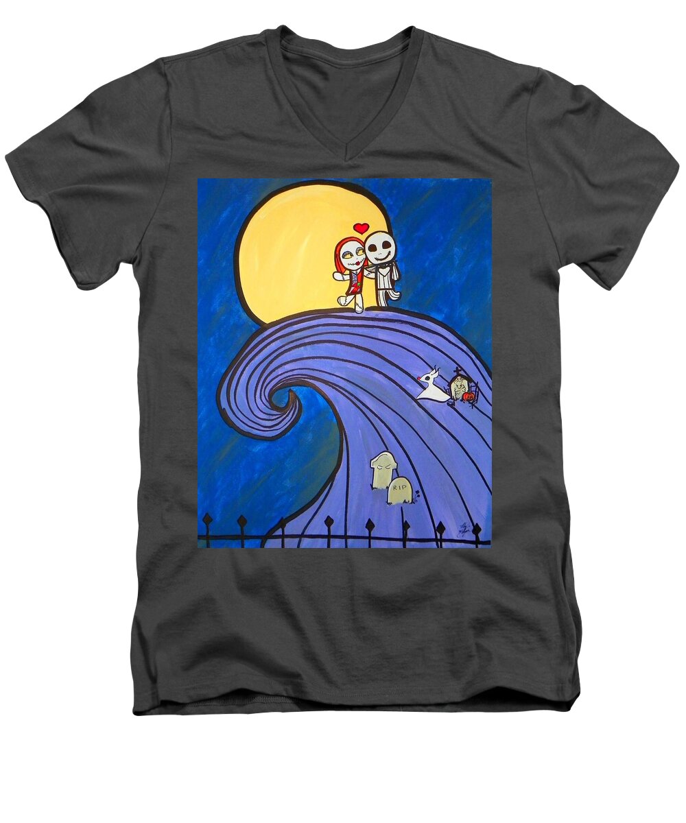 Nightmare Before Christmas Men's V-Neck T-Shirt featuring the painting Nightmare Before Christmas Hill Cute by Marisela Mungia