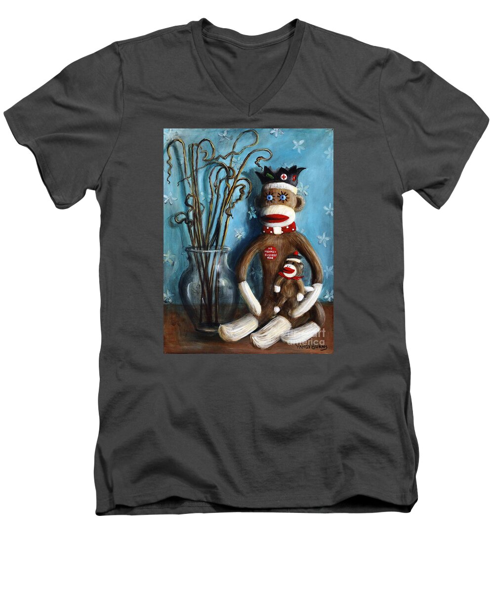 Sock Monkeys Men's V-Neck T-Shirt featuring the painting No Monkey Business Here 1 by Rand Burns