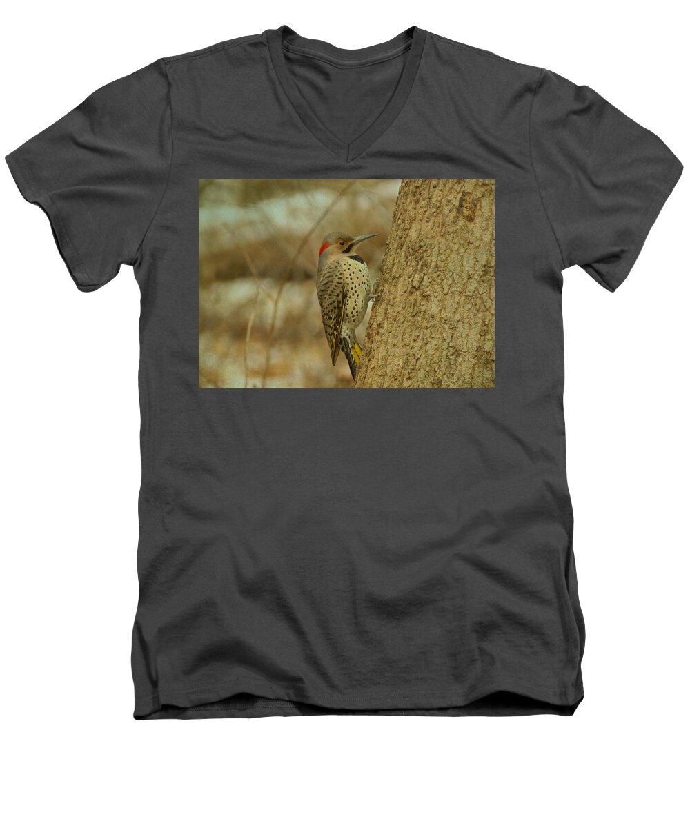 Northern Flicker Men's V-Neck T-Shirt featuring the photograph Northern Flicker on Tree by Sandy Keeton