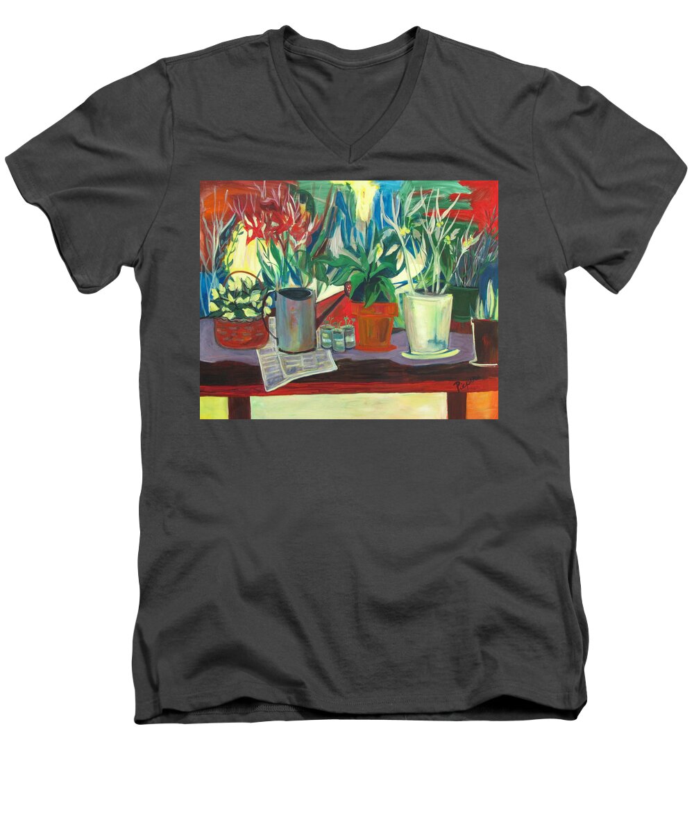 Painting Of House Plants Men's V-Neck T-Shirt featuring the painting Not Your Grandpa's Potting Stand by Betty Pieper