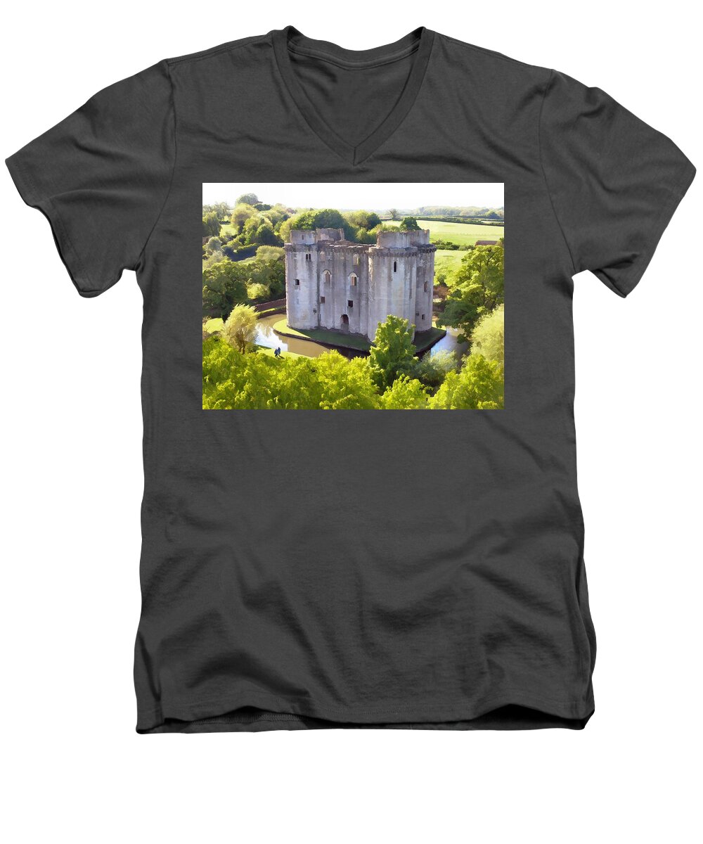 Nunney Men's V-Neck T-Shirt featuring the photograph Nunney Castle Painting by Ron Harpham