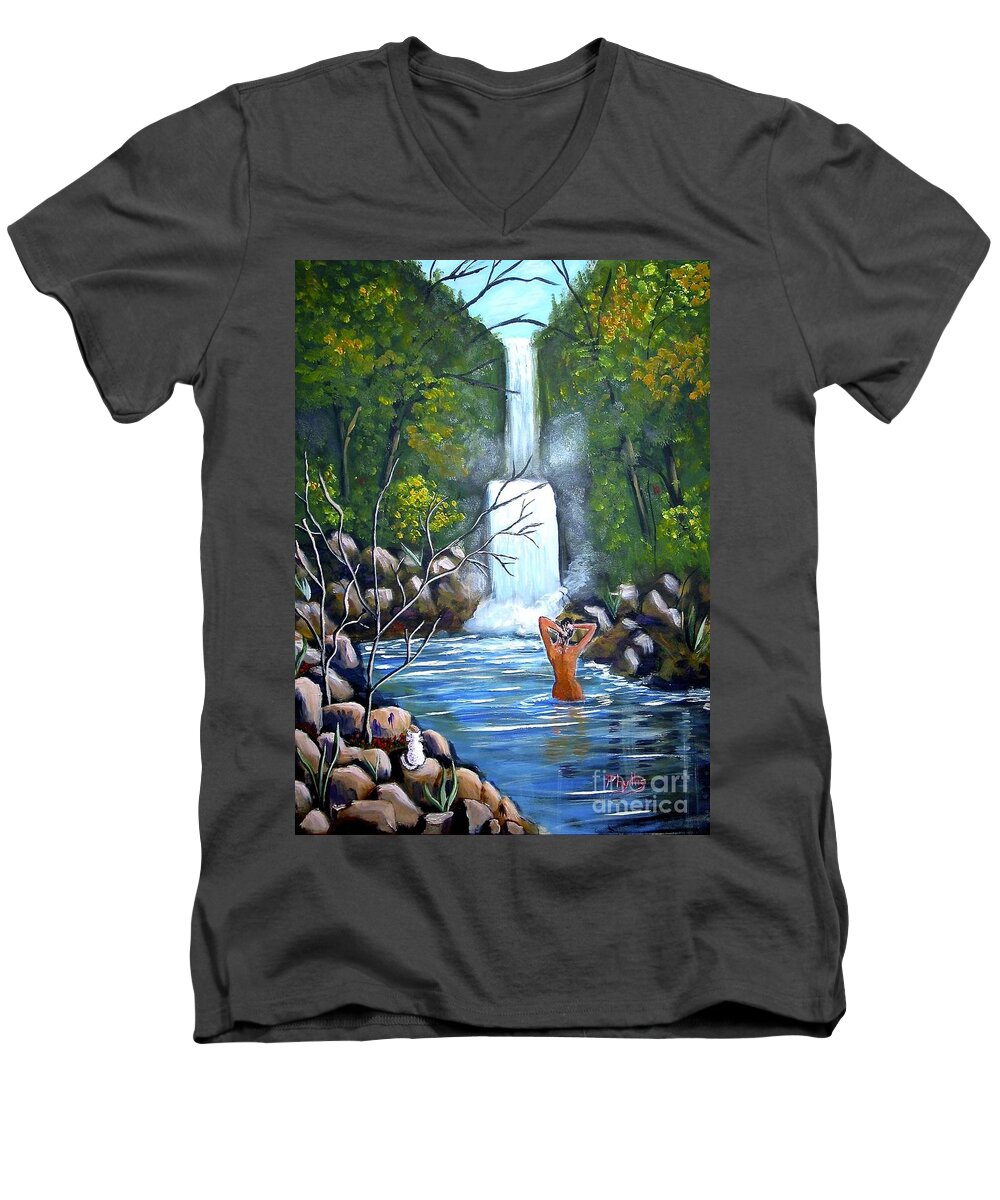 Waterfall Men's V-Neck T-Shirt featuring the painting Nymph in Pool by Phyllis Kaltenbach