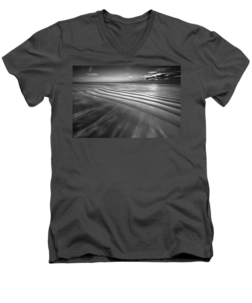 Black And White Photography Men's V-Neck T-Shirt featuring the photograph Ocean Waves Seascape Beach Sunrise Photograph in Black and White by Gray Artus