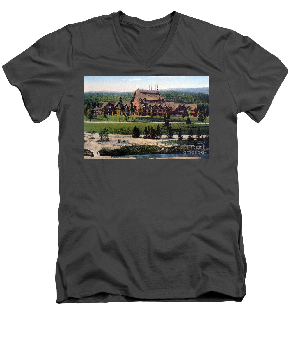 History Men's V-Neck T-Shirt featuring the photograph Old Faithful Inn Yellowstone Np 1928 by NPS Photo Asahel Curtis