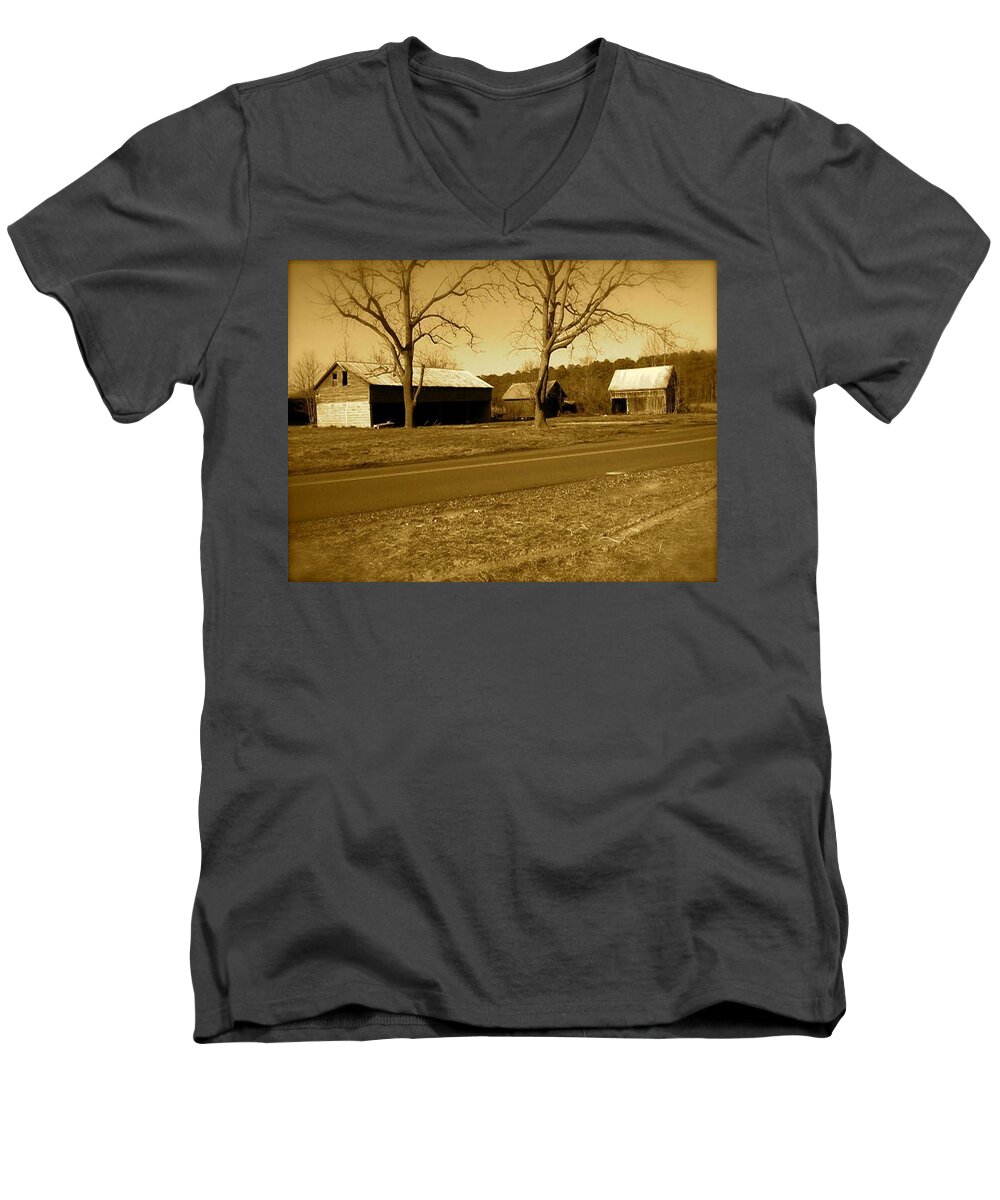 Old Men's V-Neck T-Shirt featuring the photograph Old Red Barn In Sepia by Chris W Photography AKA Christian Wilson