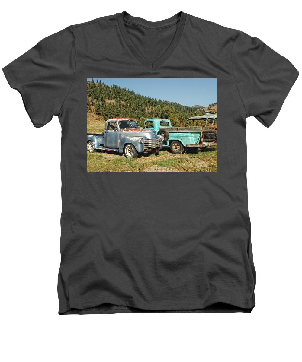 Trucks Men's V-Neck T-Shirt featuring the photograph Old Timers by Donna Blackhall