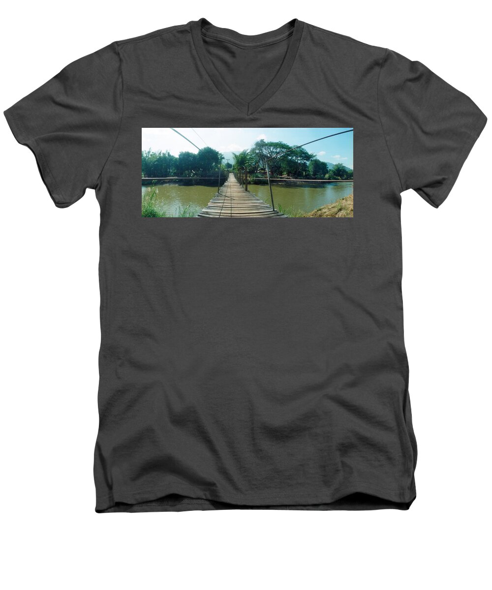 Photography Men's V-Neck T-Shirt featuring the photograph Old Wooden Bridge Across The River by Panoramic Images