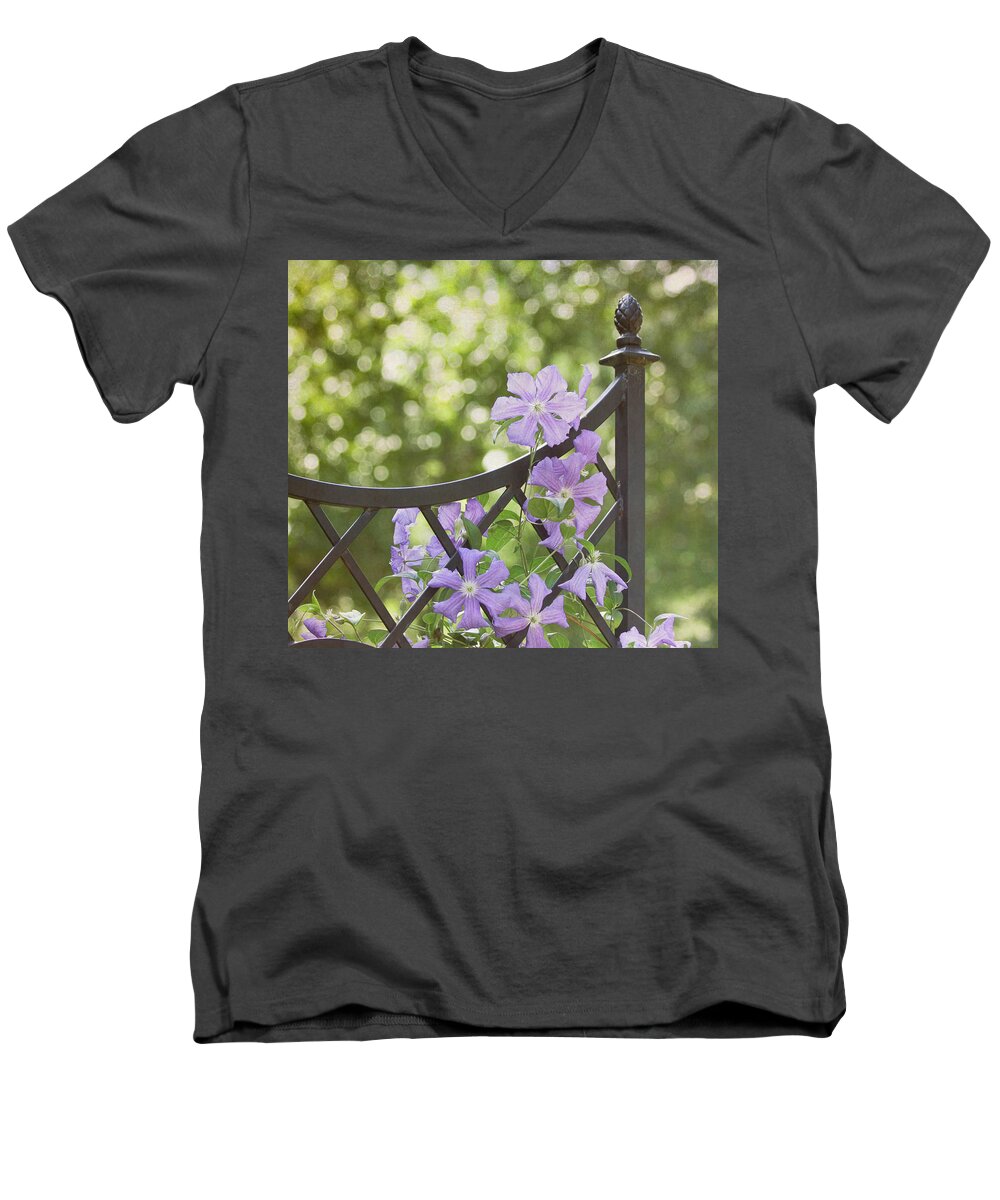 Purple Flower Men's V-Neck T-Shirt featuring the photograph On The Fence by Kim Hojnacki