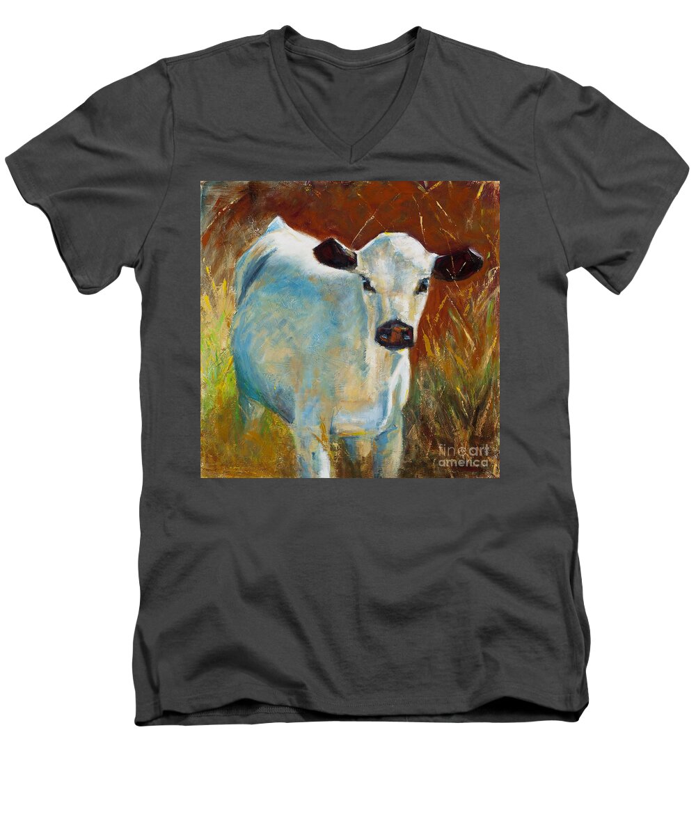 Cows Men's V-Neck T-Shirt featuring the painting Once In A Blue Moon by Frances Marino