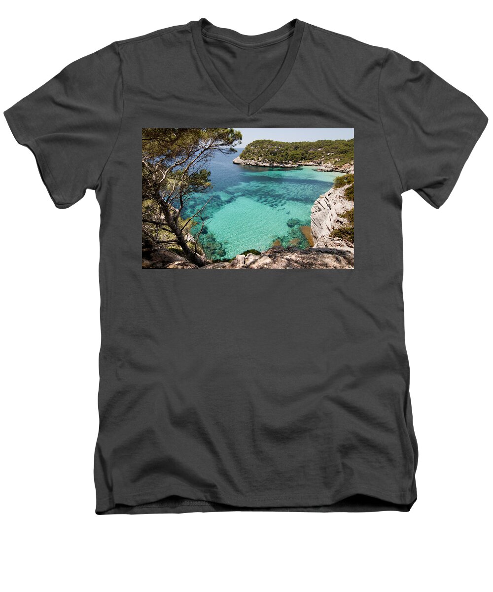 Blue Men's V-Neck T-Shirt featuring the photograph One step to paradise - Cala mitjana beach in Menorca is a turquoise a cristaline water paradise by Pedro Cardona Llambias