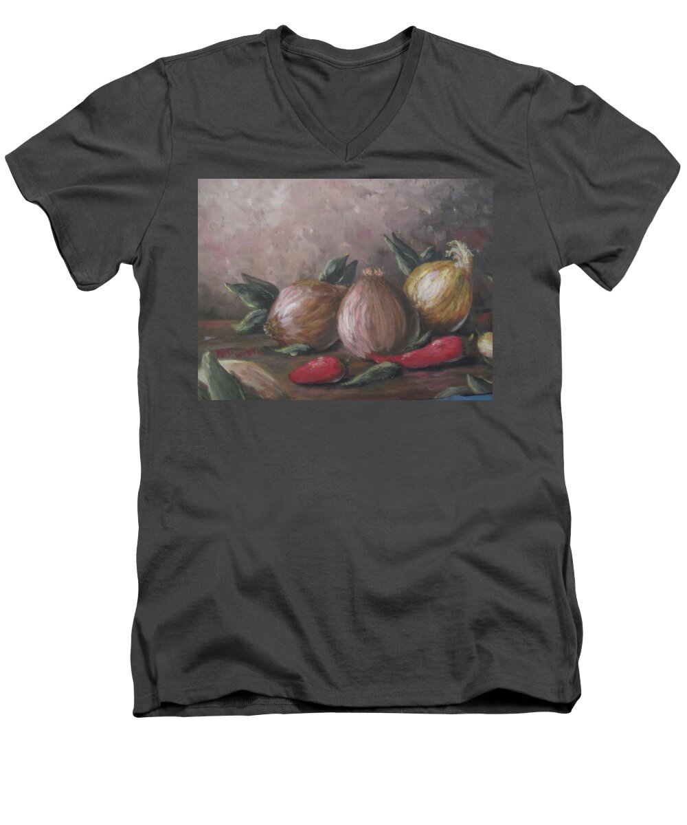 Vegetables Men's V-Neck T-Shirt featuring the painting Onions and peppers by Megan Walsh