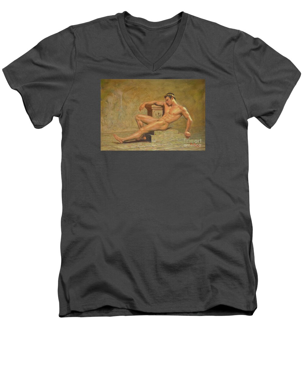 Original. Oil Painting Men's V-Neck T-Shirt featuring the painting Original Classic Oil Painting Gay Man Body Art Male Nude -023 by Hongtao Huang