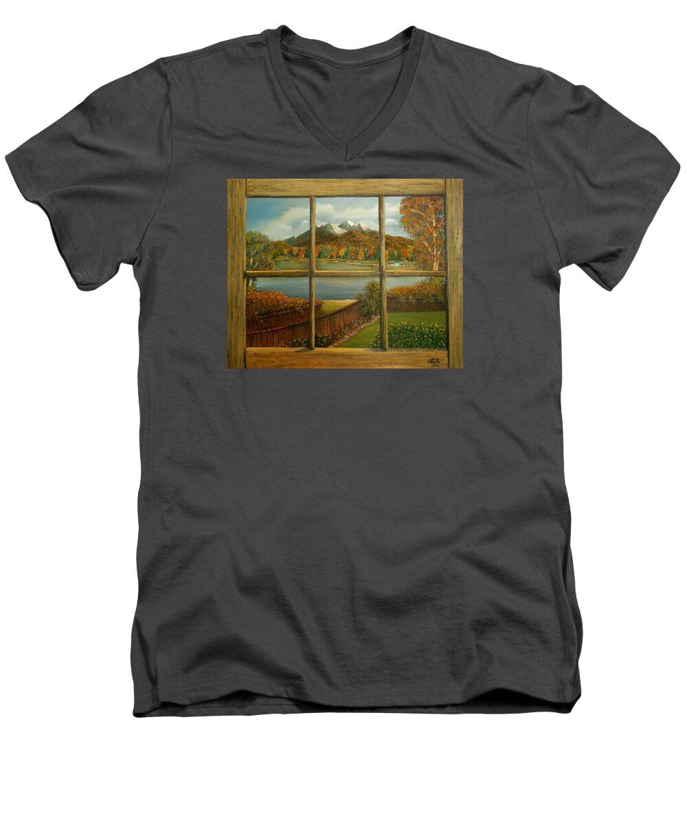Window Men's V-Neck T-Shirt featuring the painting Out My Window-Autumn Day by Sheri Keith