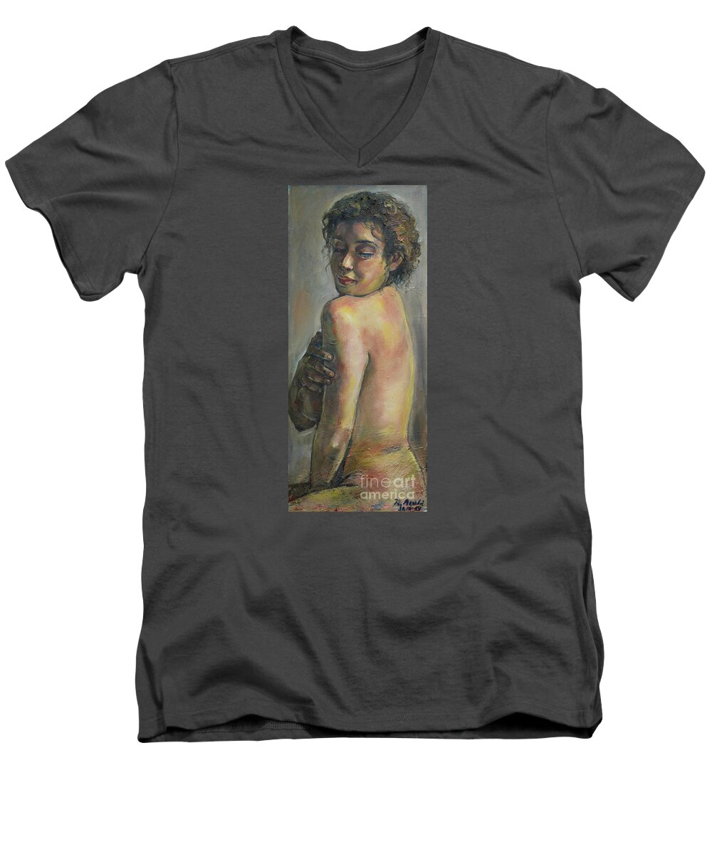 Raija Merila Men's V-Neck T-Shirt featuring the painting Over The Shoulder by Raija Merila