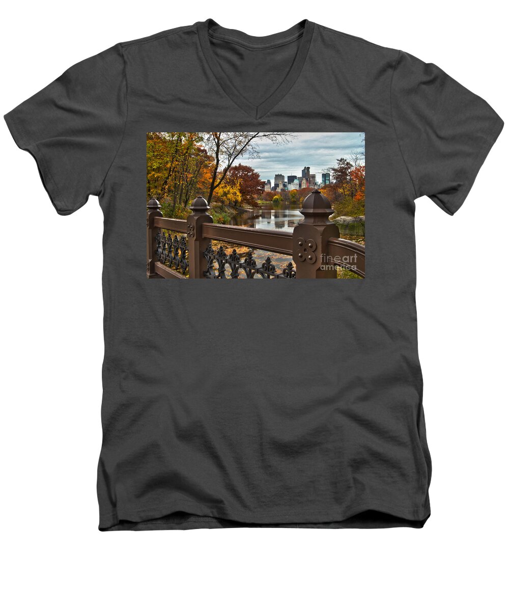 New York City Men's V-Neck T-Shirt featuring the photograph Overlooking The Lake Central Park New York City by Sabine Jacobs