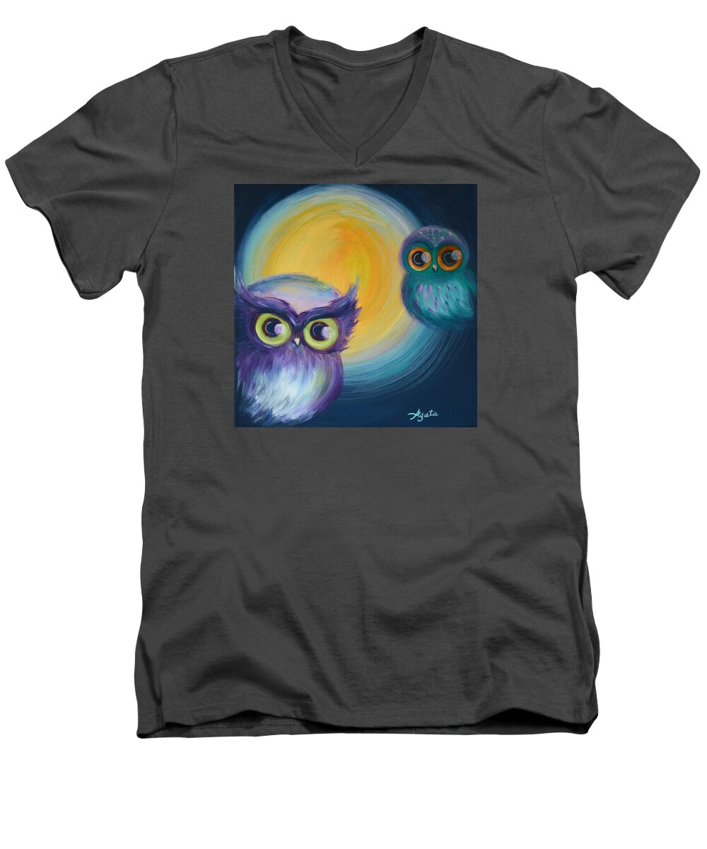 Owls Men's V-Neck T-Shirt featuring the painting Owl Be Watching You by Agata Lindquist