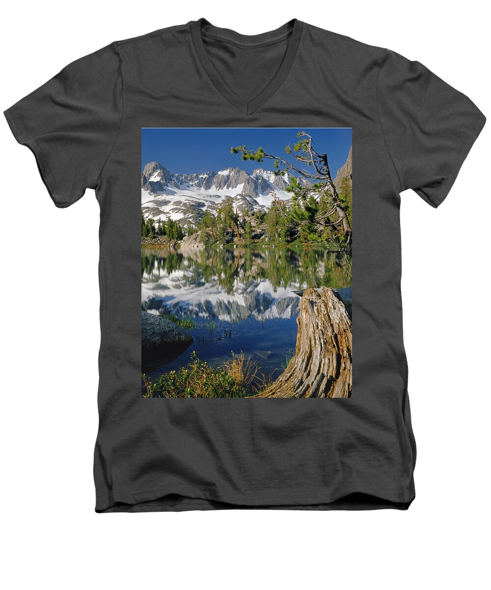 Palisade Peaks Men's V-Neck T-Shirt featuring the photograph 2M6443-V-Palisade Peaks and Summit Lake V by Ed Cooper Photography