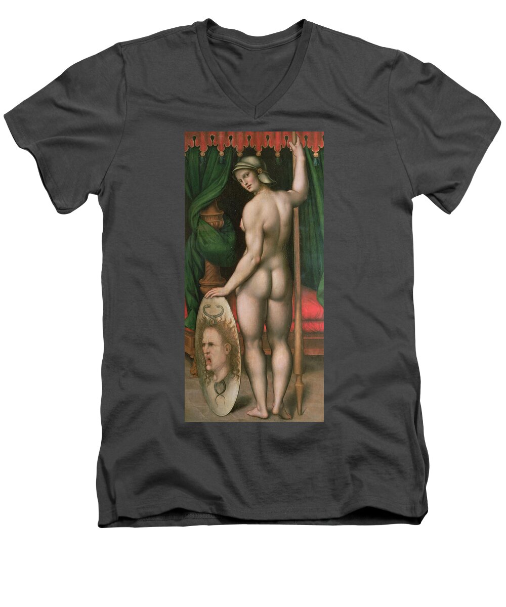 Nude Men's V-Neck T-Shirt featuring the painting Pallas Athena by Fontainebleau School