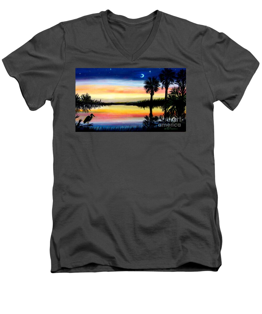 Palmetto Tree Men's V-Neck T-Shirt featuring the painting Palmetto Tree Moon And Stars Low Country Sunset iii by Pat Davidson