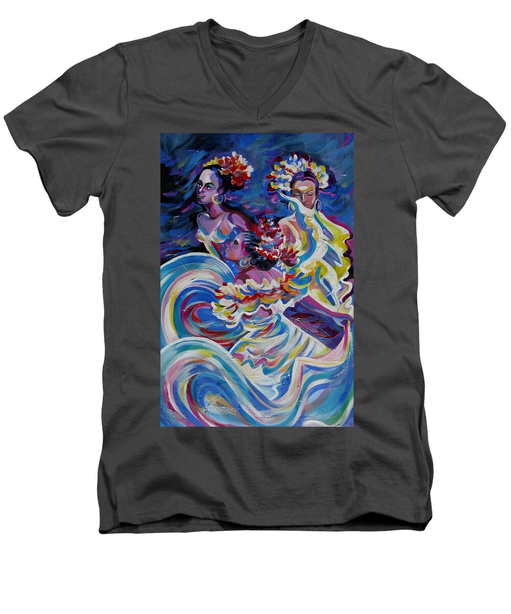 Carnival Men's V-Neck T-Shirt featuring the painting Panama Carnival. Folk Dancers by Anna Duyunova