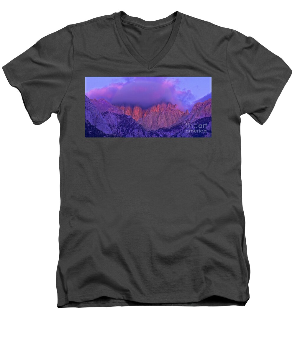 Eastern Sierras Men's V-Neck T-Shirt featuring the photograph Panorama Alpenglow on Mount Whitney Eastern Sierras California by Dave Welling