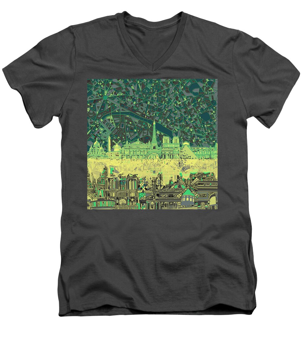 Paris Men's V-Neck T-Shirt featuring the painting Paris Skyline Abstract Green by Bekim M