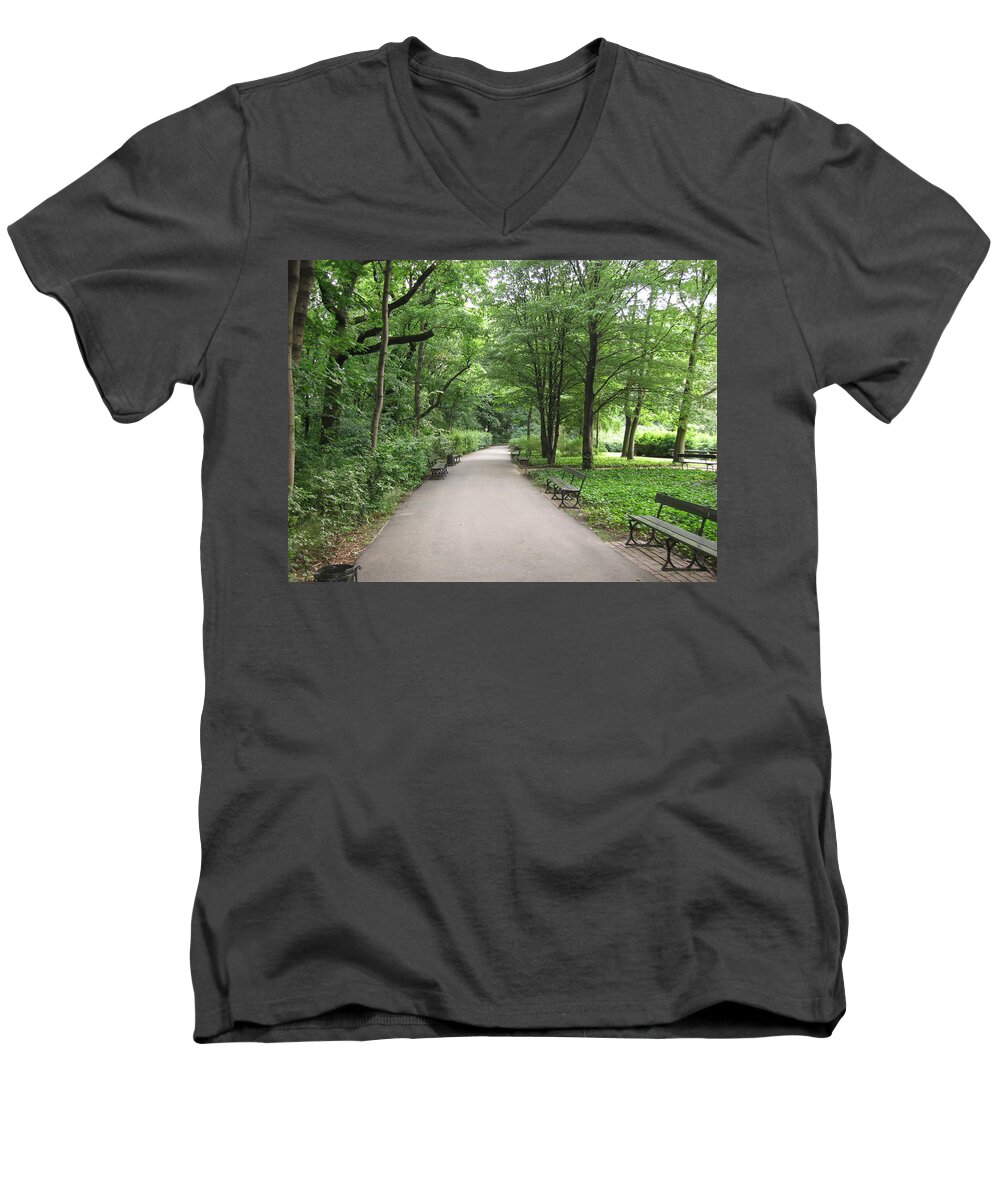  Men's V-Neck T-Shirt featuring the photograph Park Bench Poland by Nora Boghossian