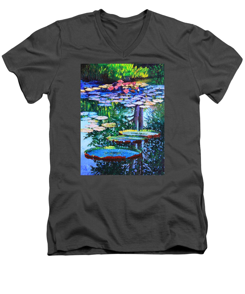 Garden Pond Men's V-Neck T-Shirt featuring the painting Passion for Color and Light by John Lautermilch