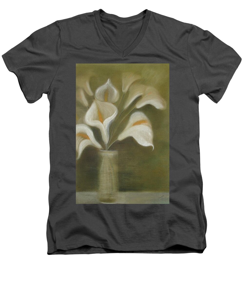 Zantedeschia Men's V-Neck T-Shirt featuring the painting Pastel Calla Lilies In Glass Vase by Taiche Acrylic Art