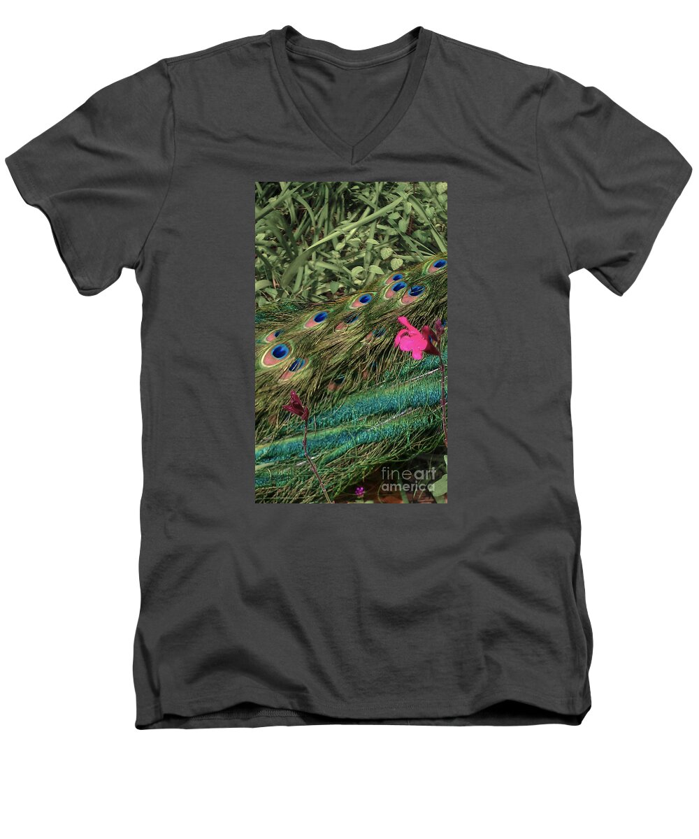 Peacock Men's V-Neck T-Shirt featuring the photograph Peacock Tail Feathers by Charlie Cliques